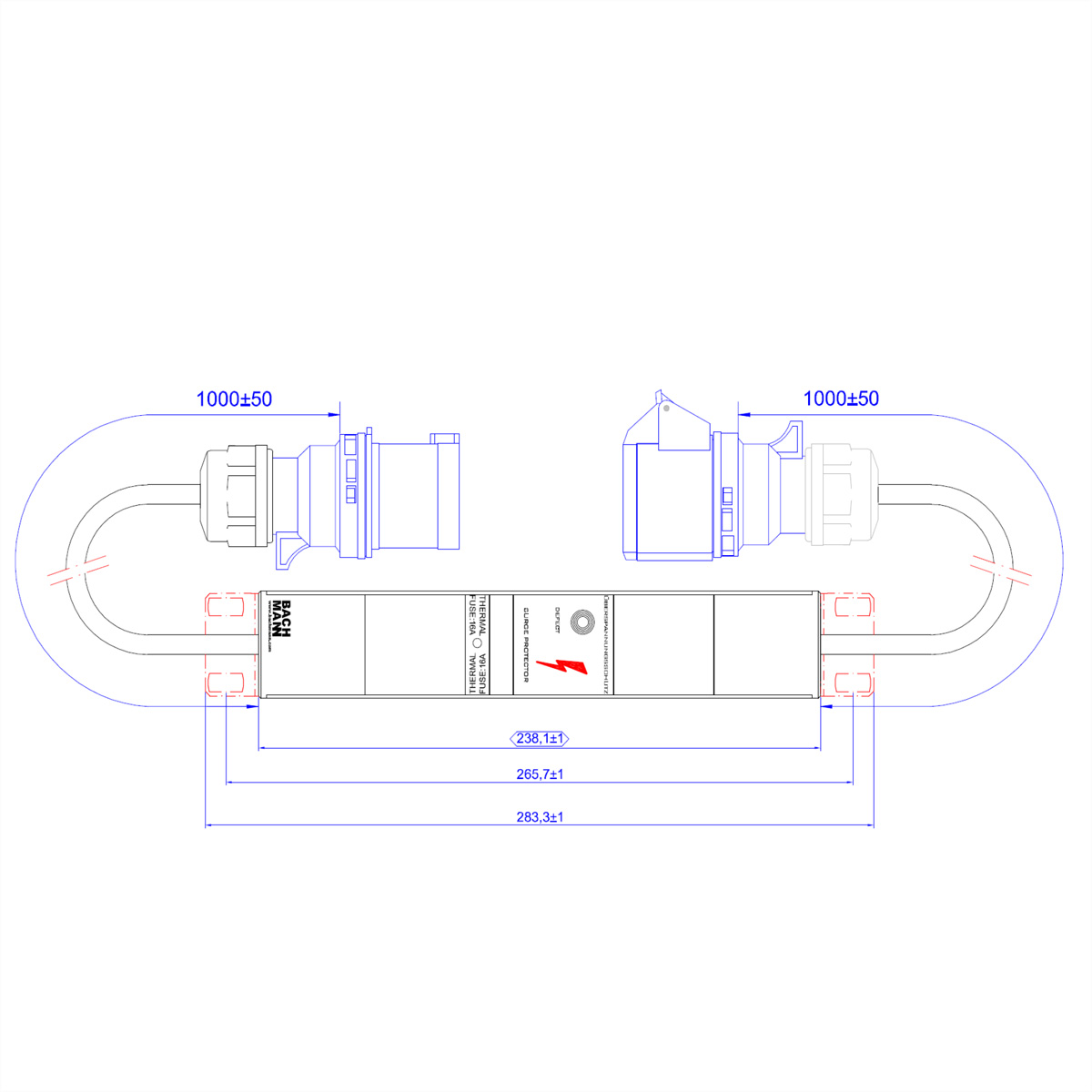 BACHMANN ALU 1HE VM 1xSPD ohne LED, 1m H05VV-F 3G4,00mm CEE 32A