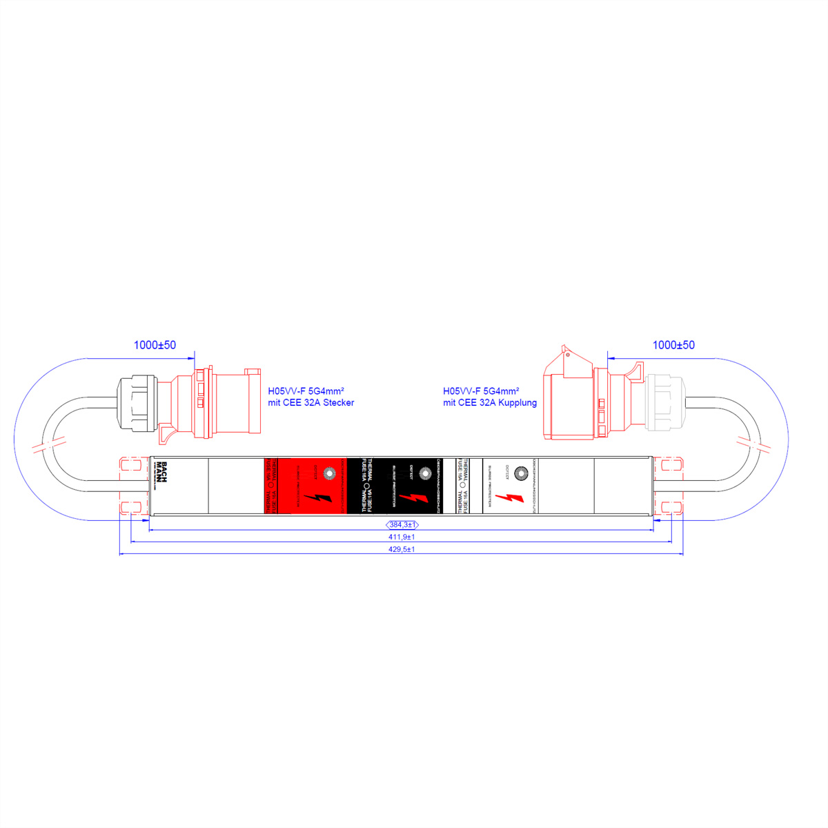 BACHMANN ALU 1HE VM 3xSPD ohne LED, grün 2x1m H05VV-F 5G4,0mm CEE 32A
