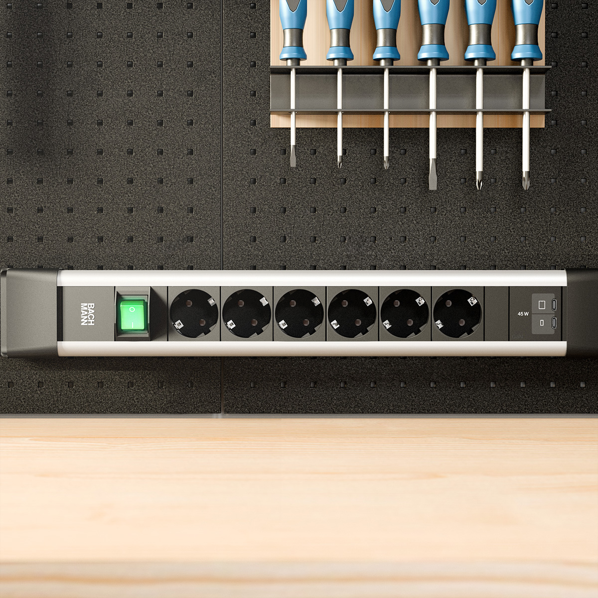 BACHMANN CONNECTUS 6xCEE7/3 1xSchalter, 1xUSB C/C 45W L=2,0m CEE7/7 Grau