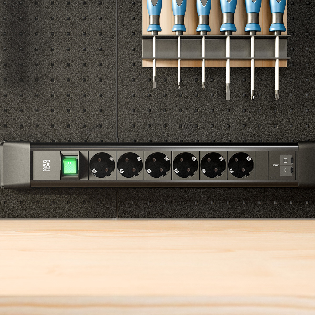BACHMANN CONNECTUS 6xCEE7/3 1xSchalter, 1xUSB C/C 45W L=2,0m CEE7/7 schwarz