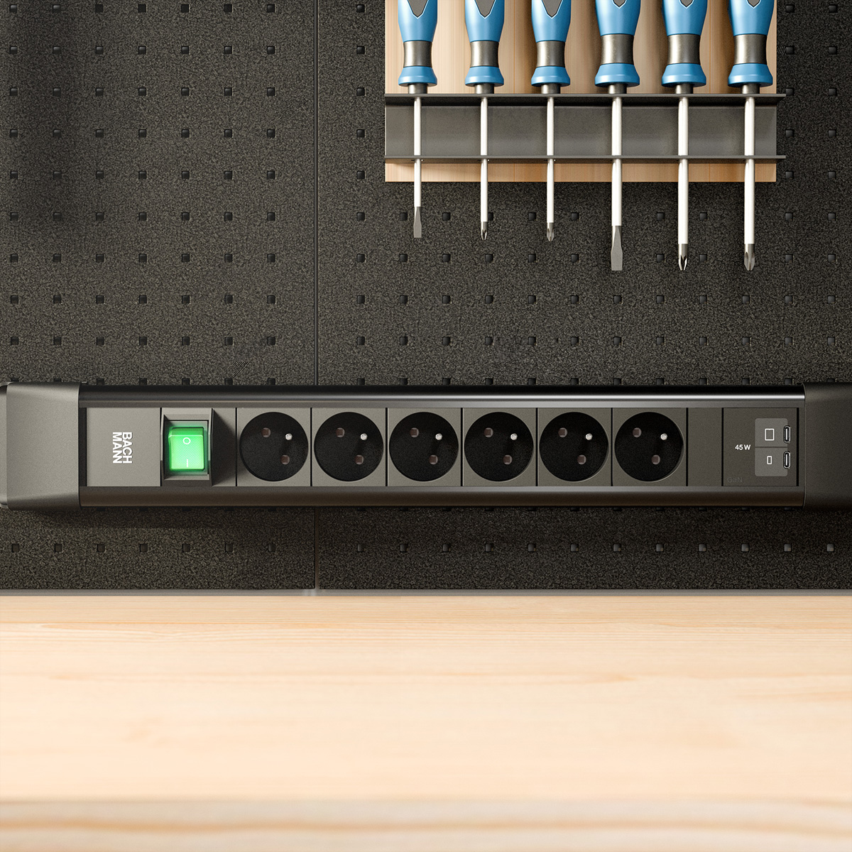 BACHMANN CONNECTUS 6xUTE 1xSchalter, 1xUSB C/C 45W L=2,0m CEE7/7 schwarz