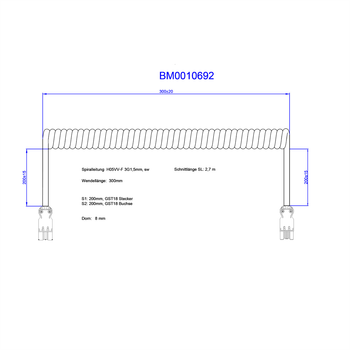 BACHMANN Spiralleitung H05VV-F 3G1,5mm² L:0,3m sw ISV