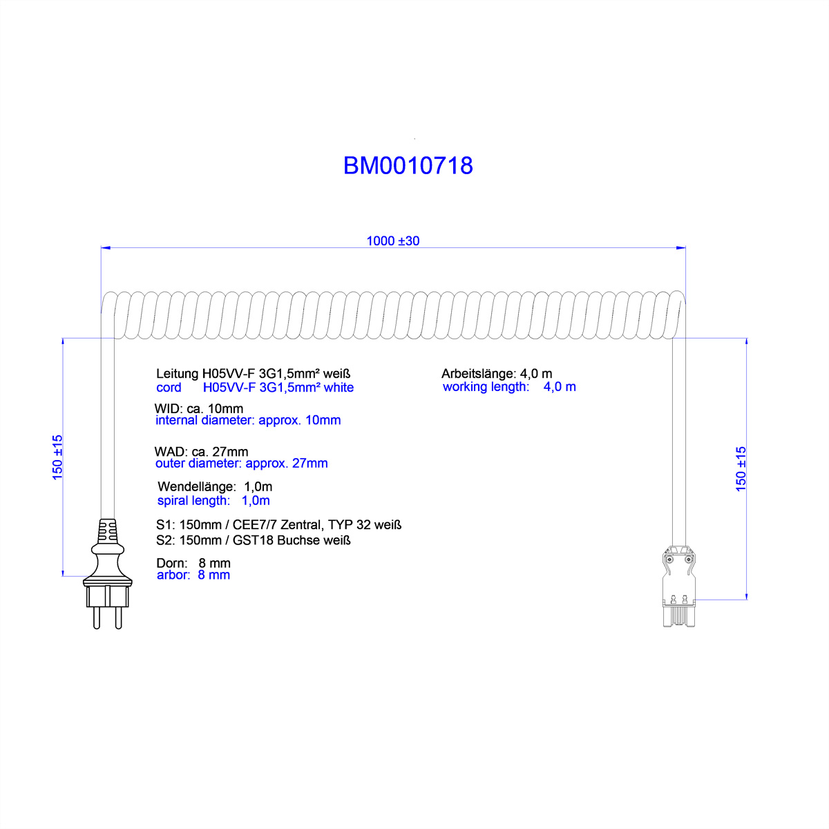 BACHMANN Spiralleitung H05VV-F 3G1,5mm² L:1,0m ws ISV/CEE7/7 Stromkabel