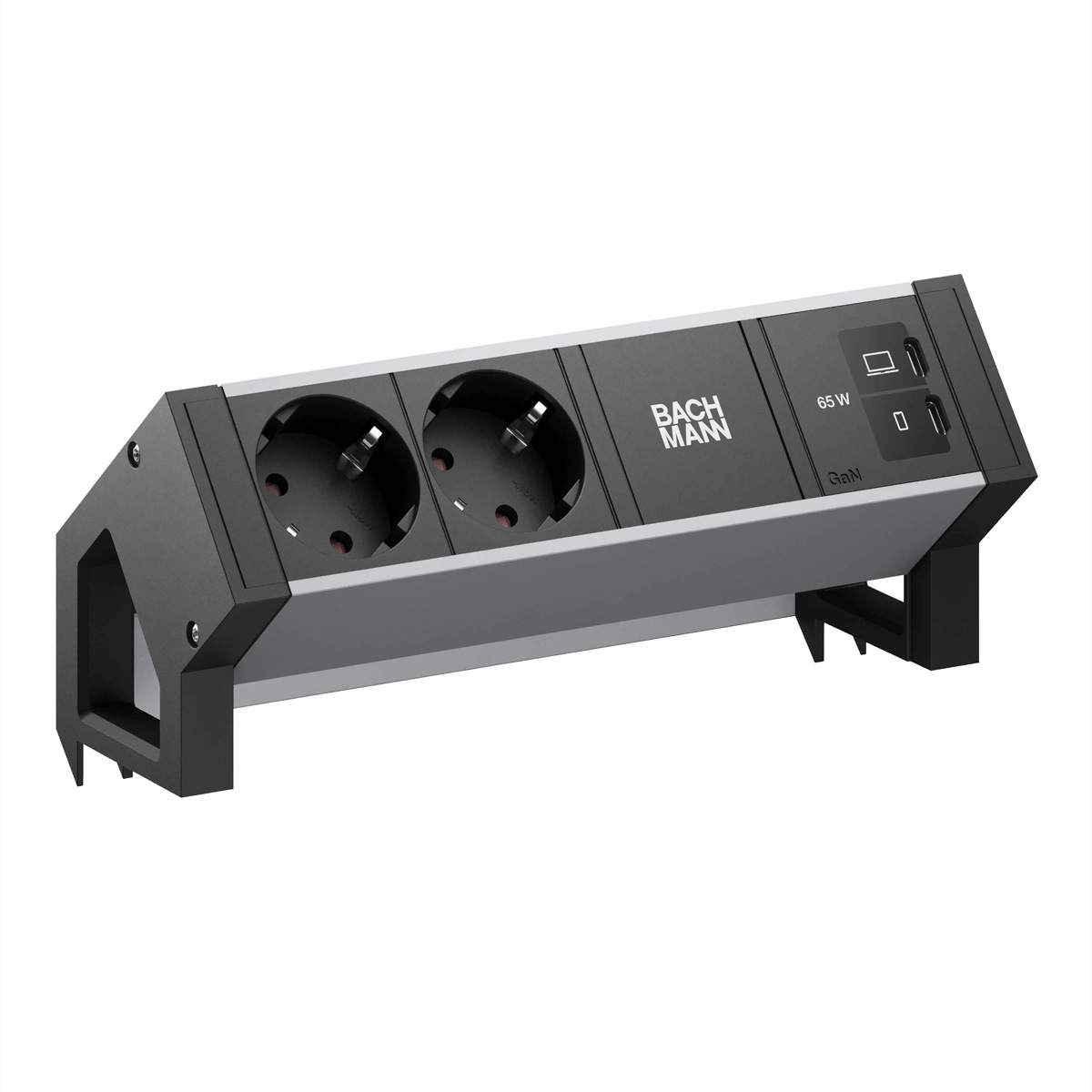 BACHMANN DESK2 ALU BLACK 2xCEE7/3, 1xUSB C/C 65W L=0,2m Aufbau-Anschlussfelder DESK2