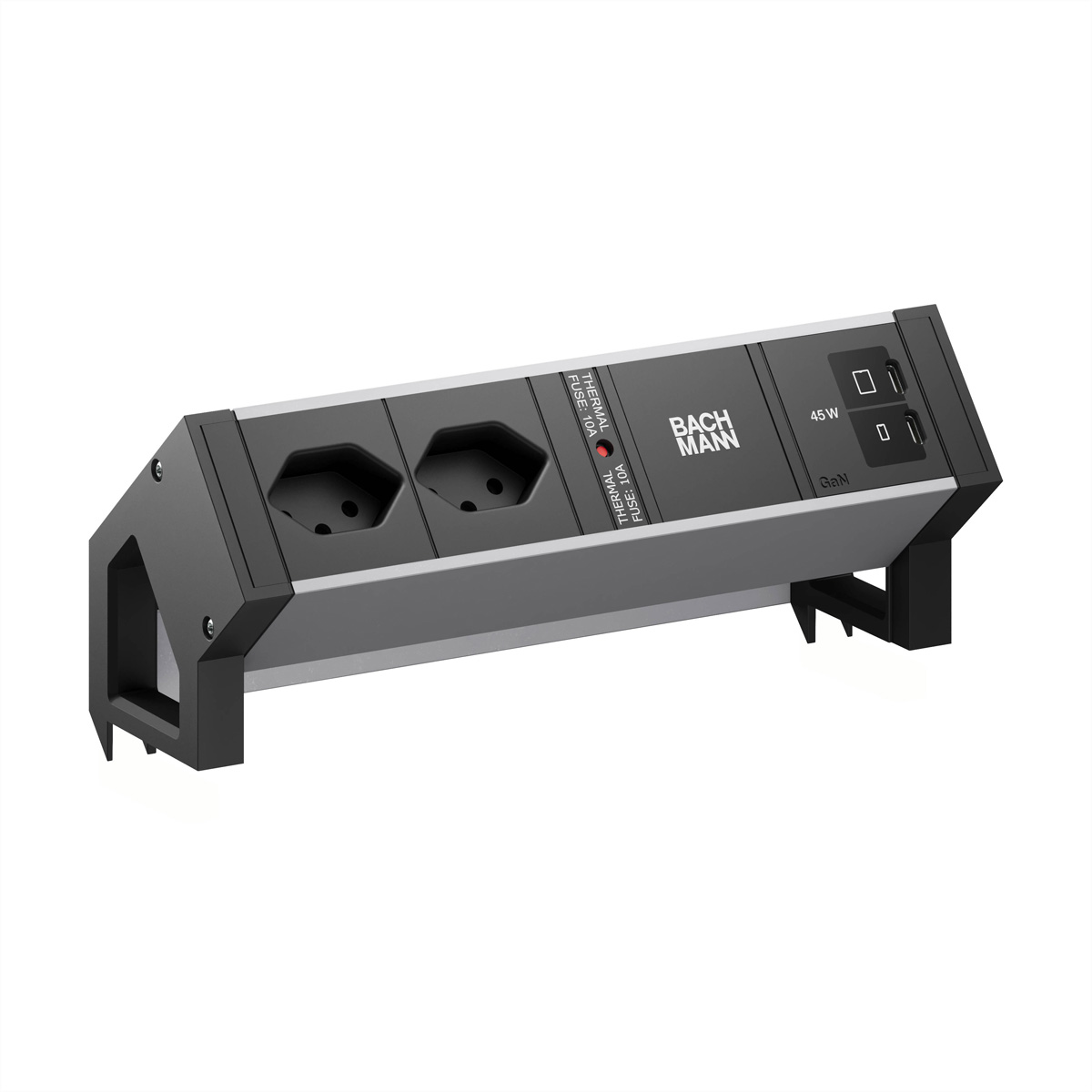 BACHMANN DESK2 ALU BLACK 2xCH 90°, 1xUSB C/C45W L=0,2m Aufbau-Anschlussfelder DESK2