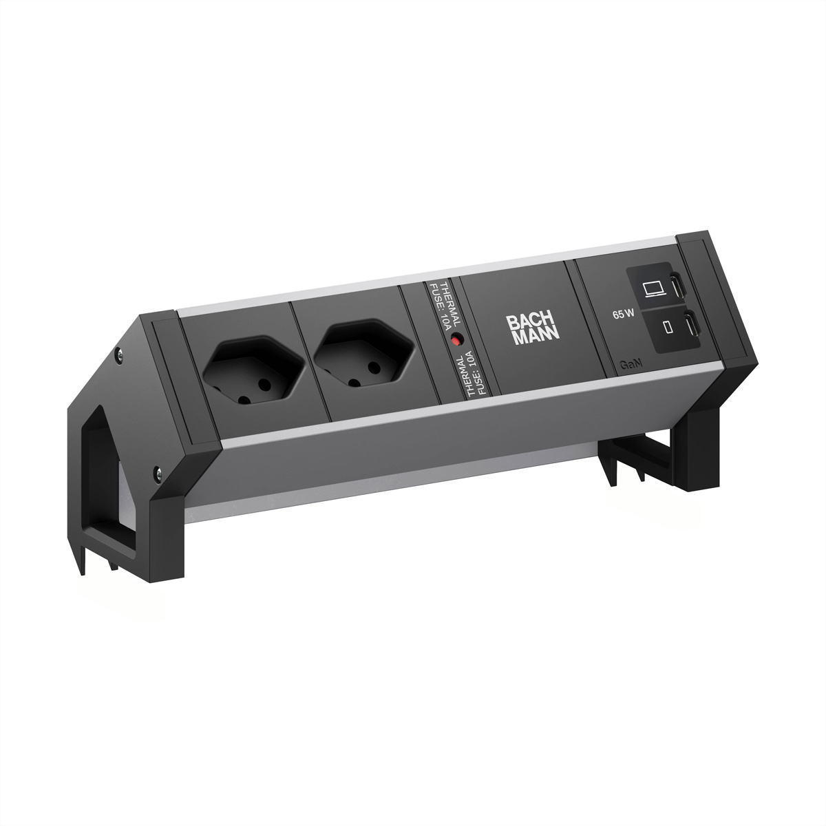 BACHMANN DESK2 ALU BLACK 2xCH 90°, 1xUSB C/C 65W L=0,2m Aufbau-Anschlussfelder DESK2