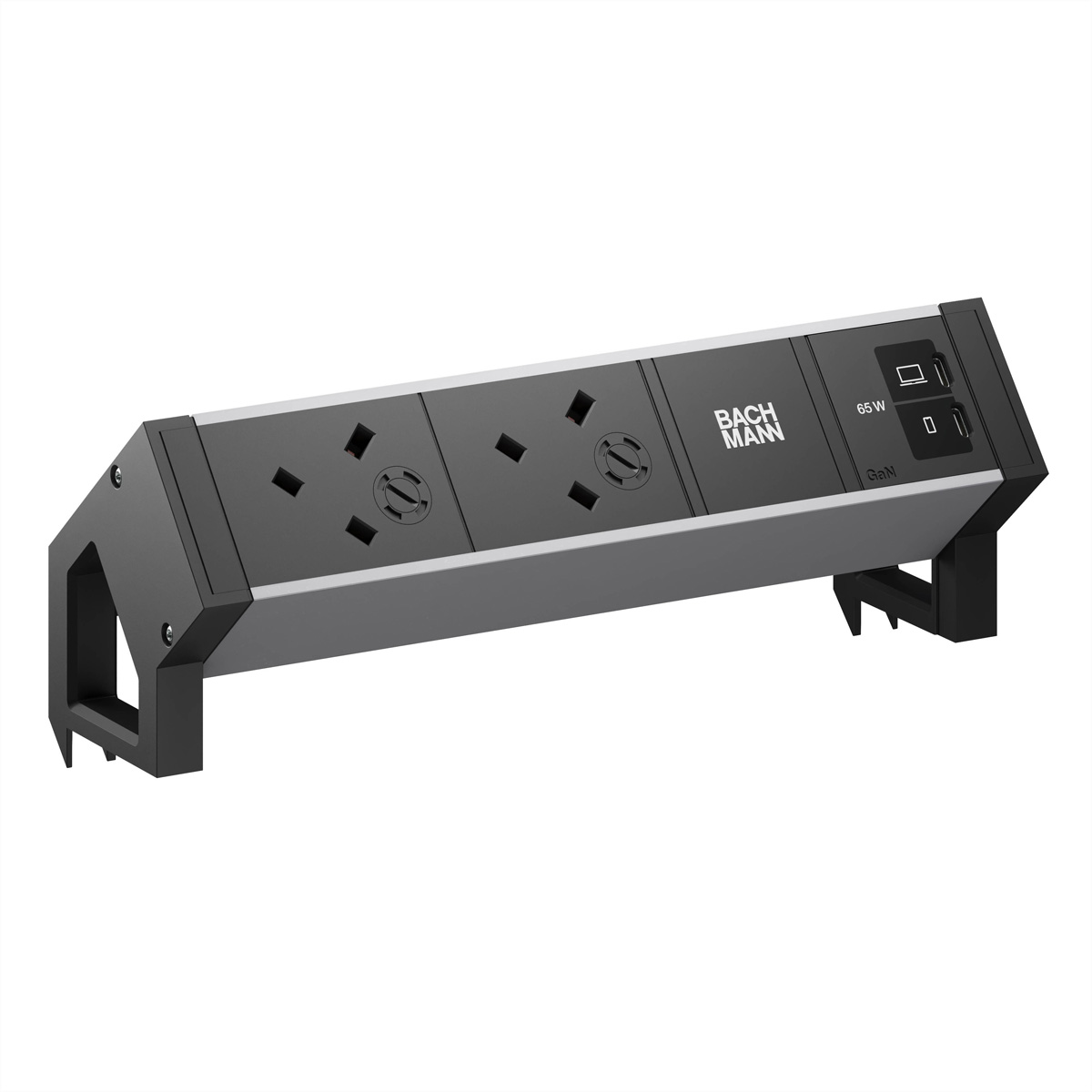 BACHMANN DESK2 ALU BLACK 2xUK, 1xUSB C/C 65W L=0,2m Aufbau-Anschlussfelder DESK2