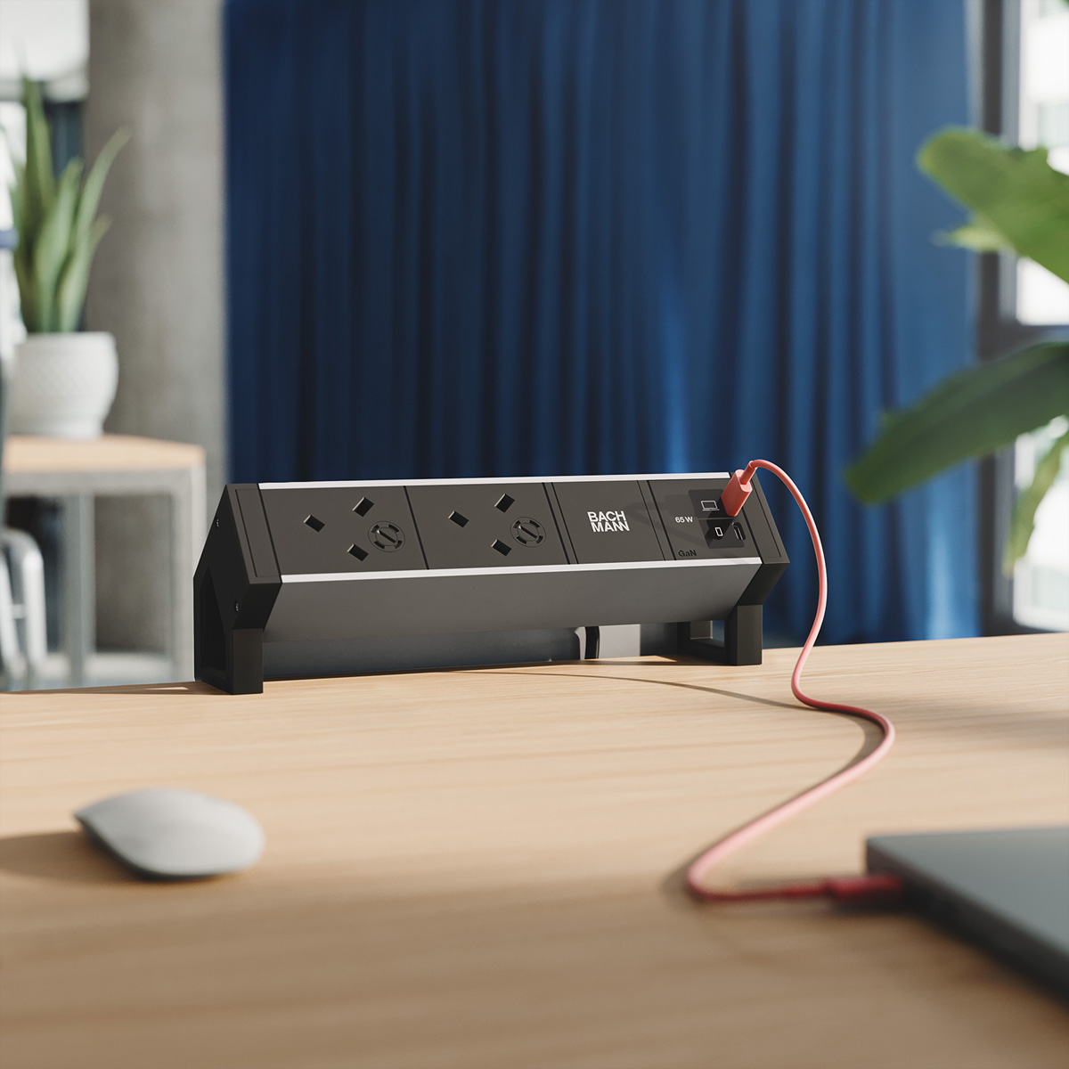 BACHMANN DESK2 ALU BLACK 2xUK, 1xUSB C/C 65W L=0,2m