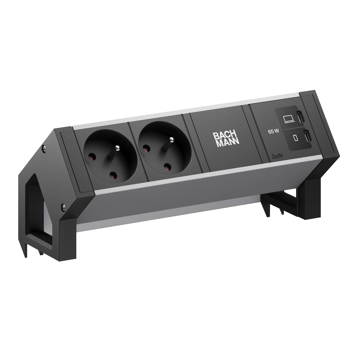 BACHMANN DESK2 ALU BLACK 2xUTE, 1xUSB C/C 65W L=0,2m Aufbau-Anschlussfelder DESK2