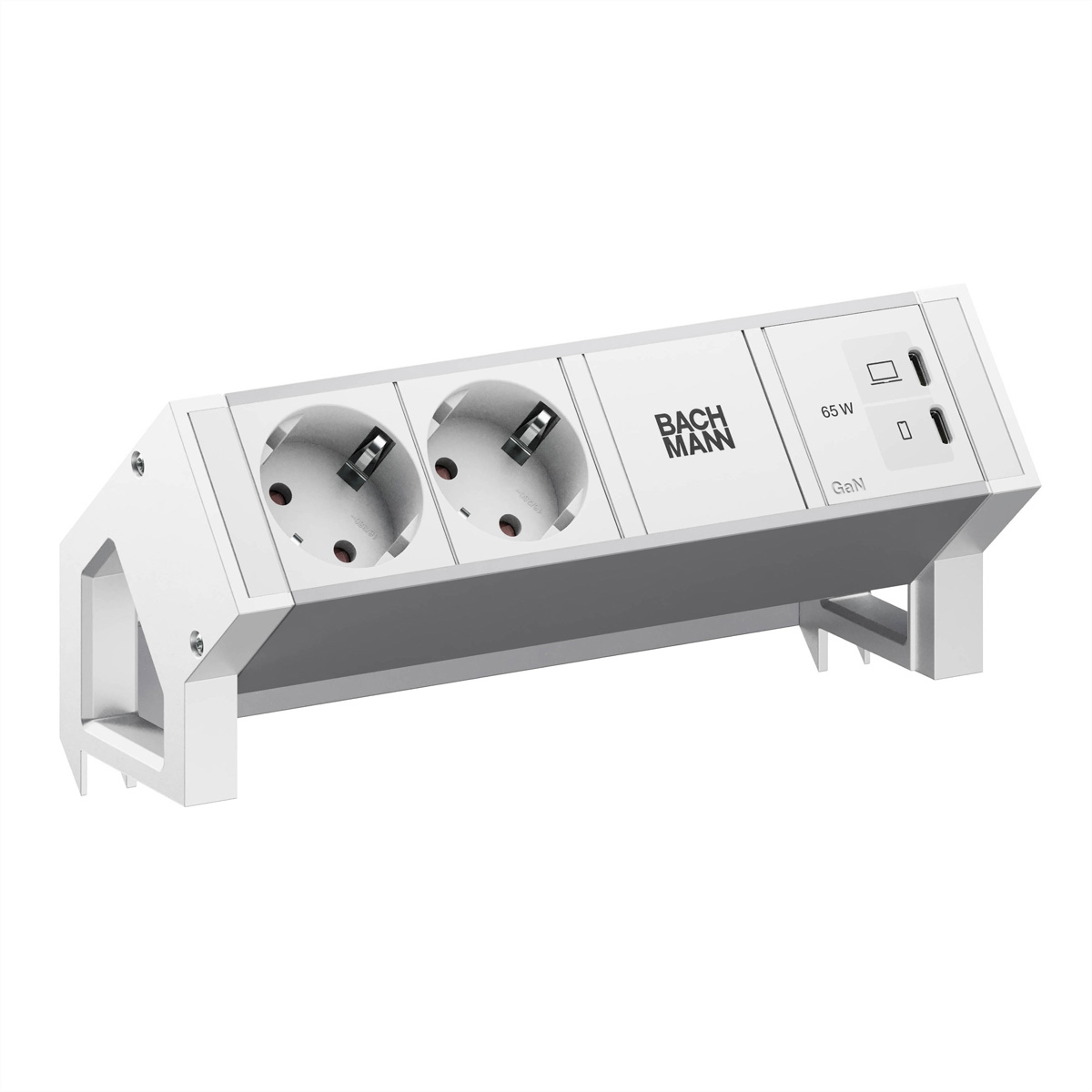 BACHMANN DESK2 ALU WHITE 2xCEE7/3, 1xUSB C/C 65W L=0,2m RAL9010 Aufbau-Anschlussfelder DESK2