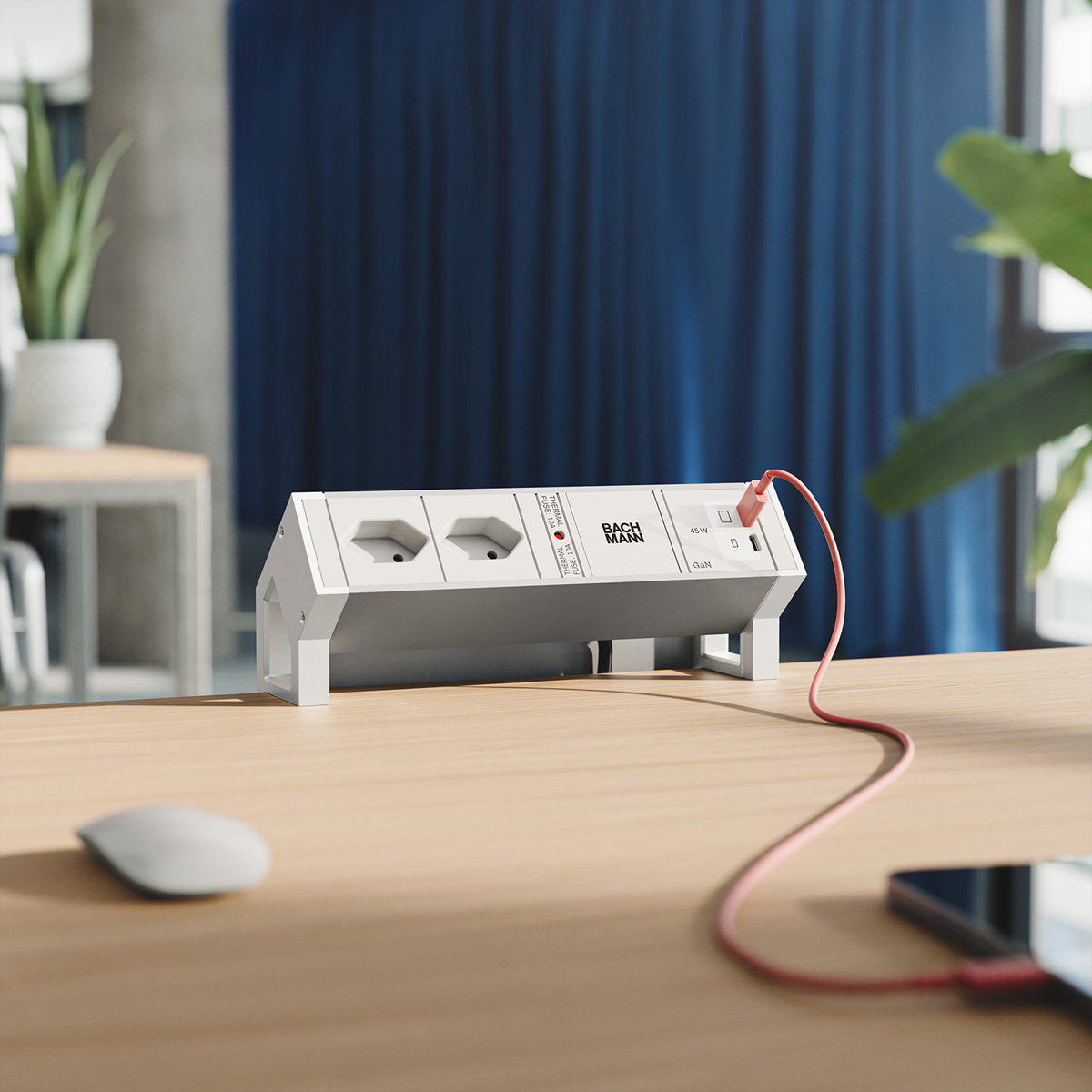 BACHMANN DESK2 ALU WHITE 2xCH 90°, 1xUSB C/C 45W L=0,2m RAL9010