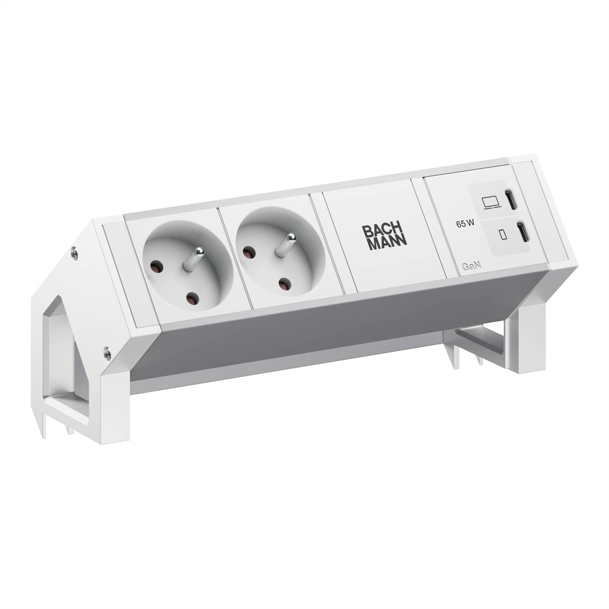 BACHMANN DESK2 ALU WHITE 2xUTE, 1xUSB C/C 65W L=0,2m RAL9010 Aufbau-Anschlussfelder DESK2