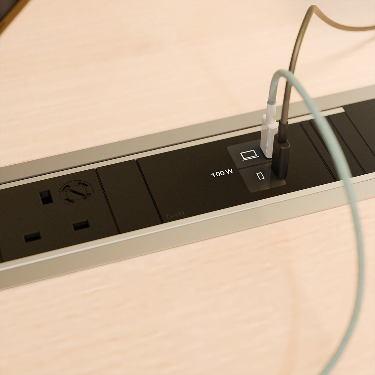 BACHMANN POWER FRAME 1xUK 45° 3,15A, 1xUSB 1xUSB C/C 100W L=0,2m