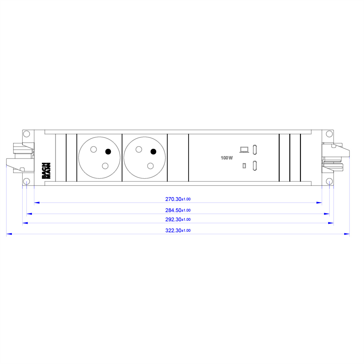 BACHMANN STEP ALU 2xUTE, 1xUSB C/C 100W STEP Steckdoseneinheit