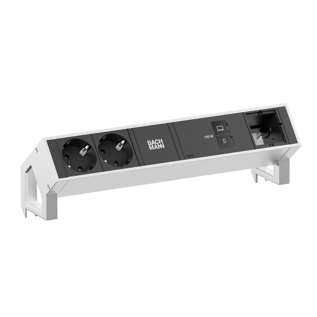 BACHMANN DESK2 2xCEE7/3 1xUSB C/C 100W, 1xCM L=0,2m INOX Aufbau-Anschlussfelder DESK2