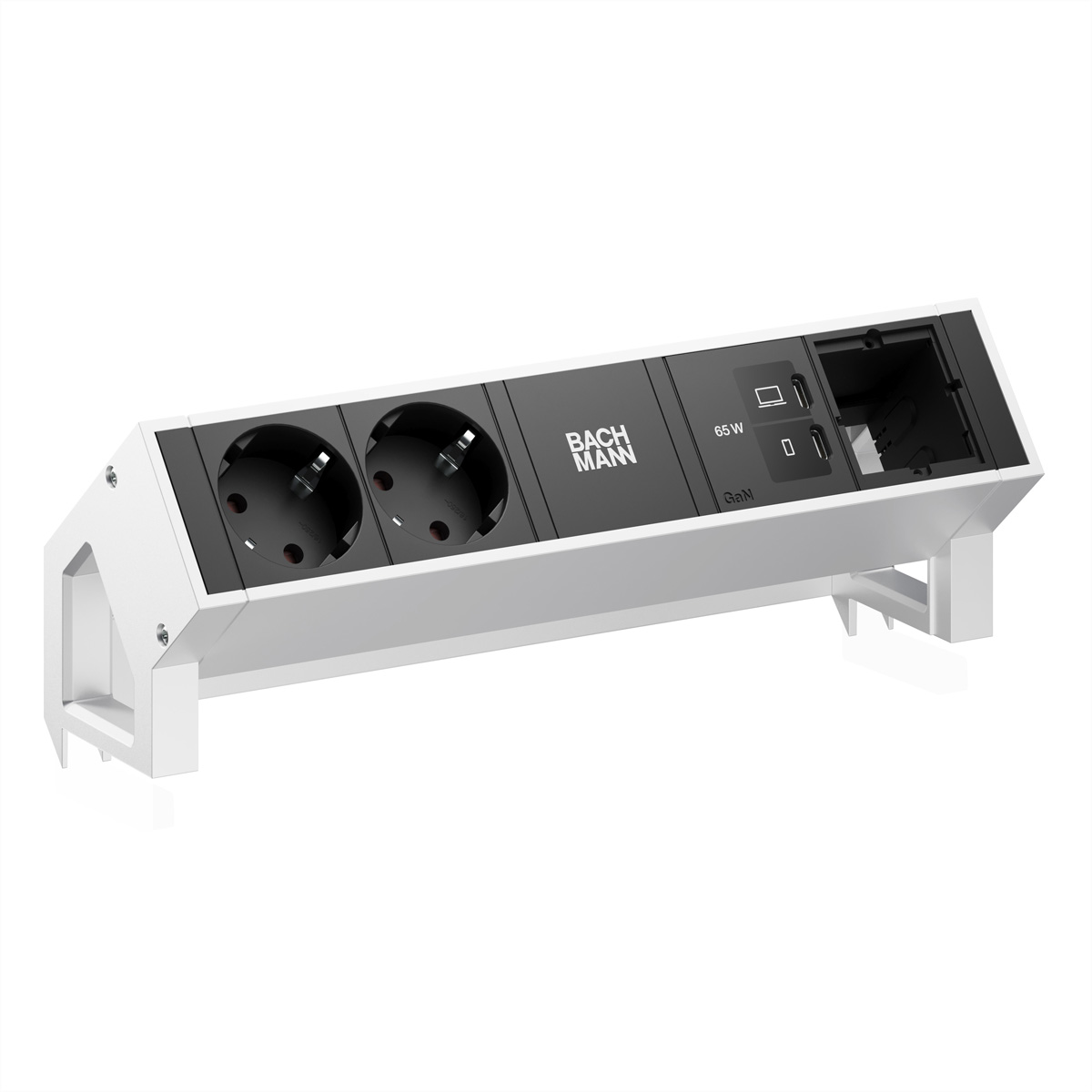 BACHMANN DESK2 2xCEE7/3 1xUSB C/C 65W, 1xCM L=0,2m INOX Aufbau-Anschlussfelder DESK2
