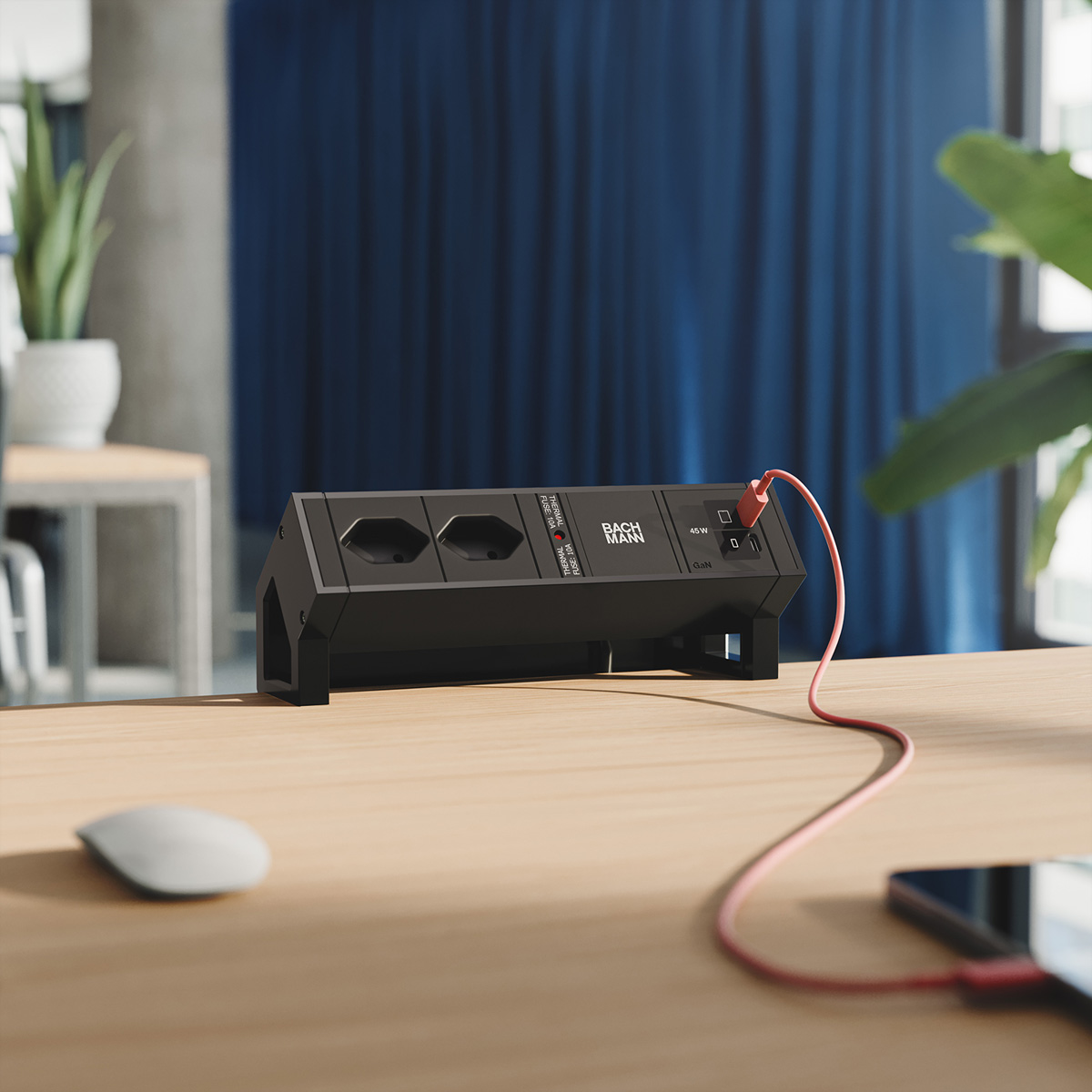 BACHMANN DESK2 2xCH 90° 1xUSB C/C 45W, L=0,2m RAL9005