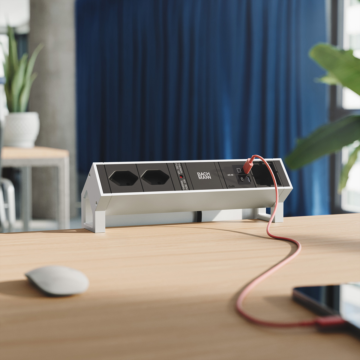 BACHMANN DESK2 2xCH 90° 1xUSB C/C 45W, 1xCM L=0,2m INOX
