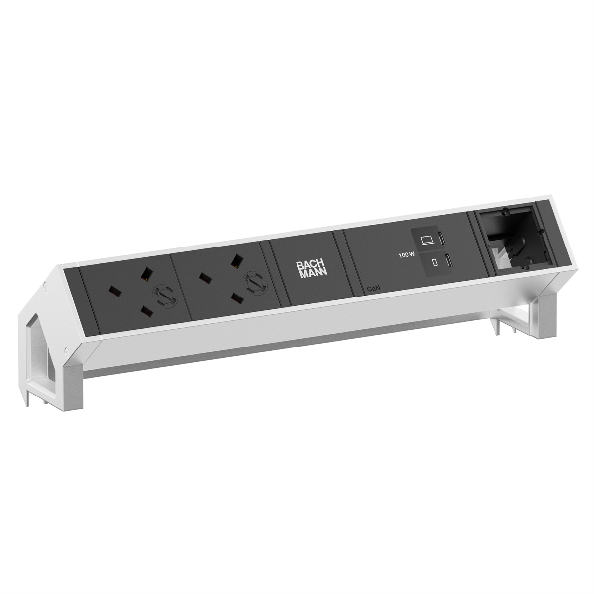 BACHMANN DESK2 2xUK 45° 3,15A, 1xUSB C/C 100W 1xCM L=0,2m INOX Aufbau-Anschlussfelder DESK2