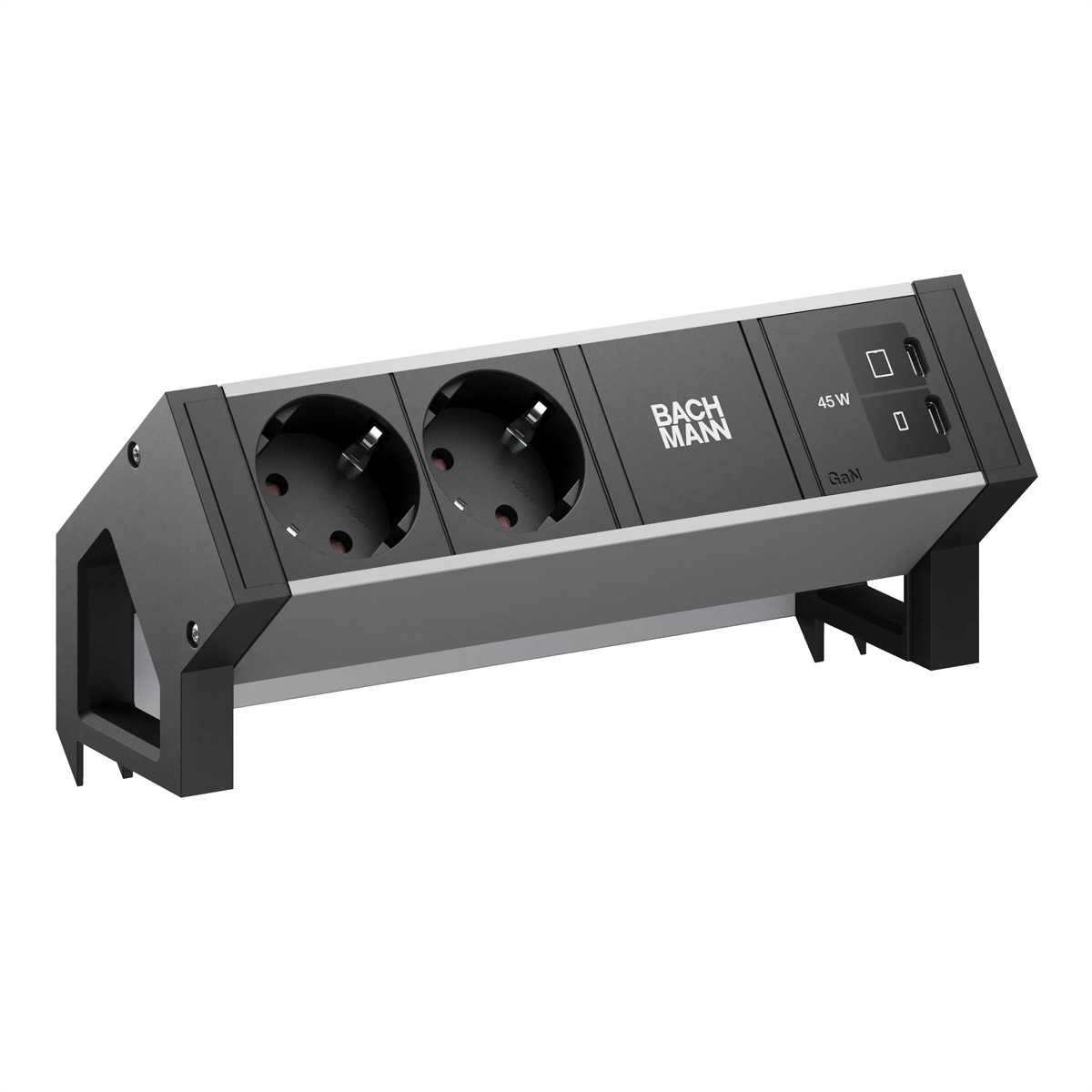 BACHMANN DESK2 ALU BLACK 2xCEE7/3, 1xUSB C/C 45W L=0,2m RAL9005 Aufbau-Anschlussfelder DESK2