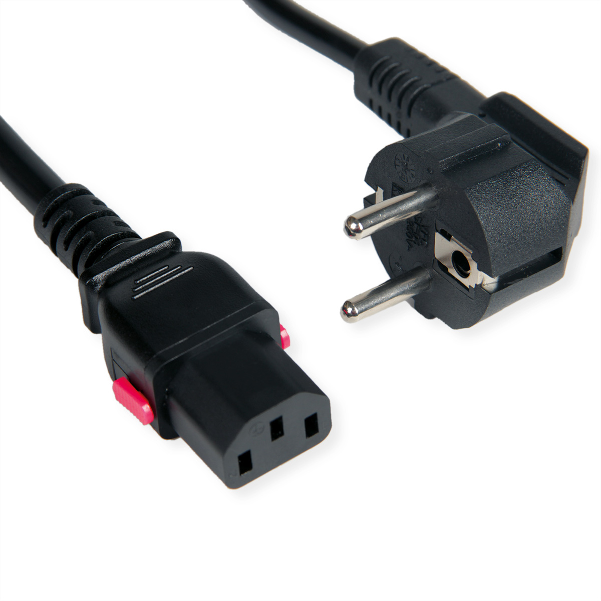 ROLINE Netzkabel, gerade IEC-Buchse, verriegelbar, Schutzkontakt CEE 7/7 auf Kaltgeräte C13, schwarz, 0,8 m Stromkabel extern