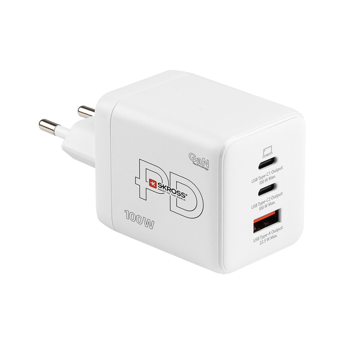 SKROSS Power Charger Combo+, 2x USB-C, 1x USB-A, GaN, 100W