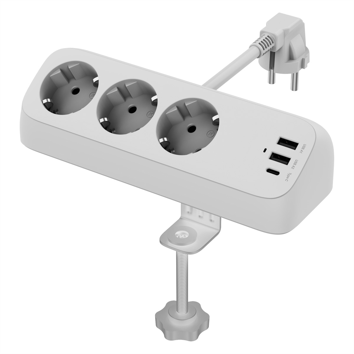 VALUE Tisch-Steckdosenleiste, 3fach mit Tisch-Klemme, inkl. USB-Charger (2x USB-A, 1x USB-C), 1,5 m Steckdosenleiste