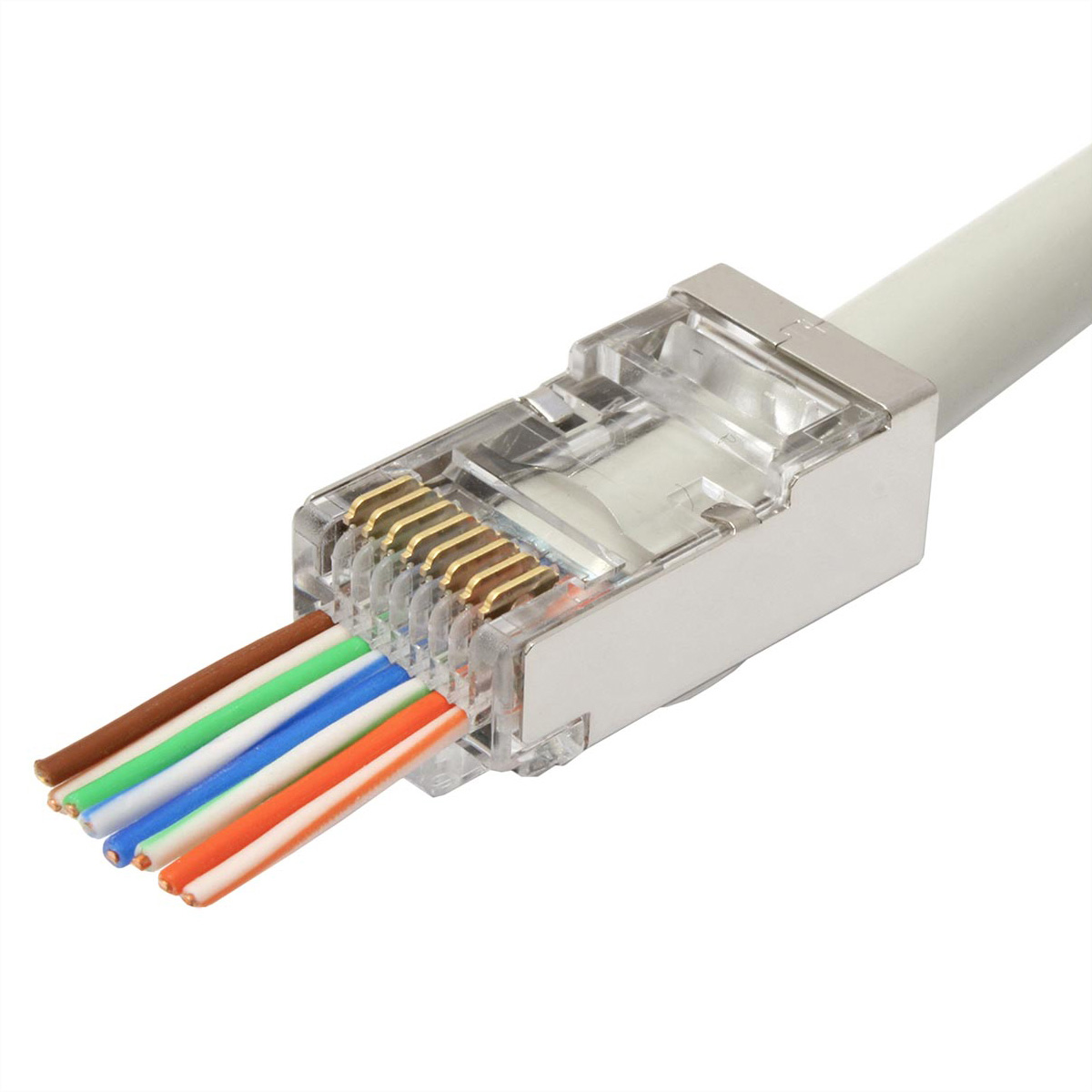 ROLINE RJ45 Stecker, geschirmt, Cat.6/6A (Class E/EA), Pass-Through Modularstecker, für Massiv-/Litzendraht, 10 St.