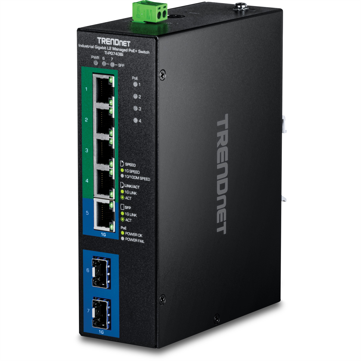 TRENDnet TI-PG743Bi 7-Port PoE+ Switch Industrial Gigabit L2 Managed DIN-Rail