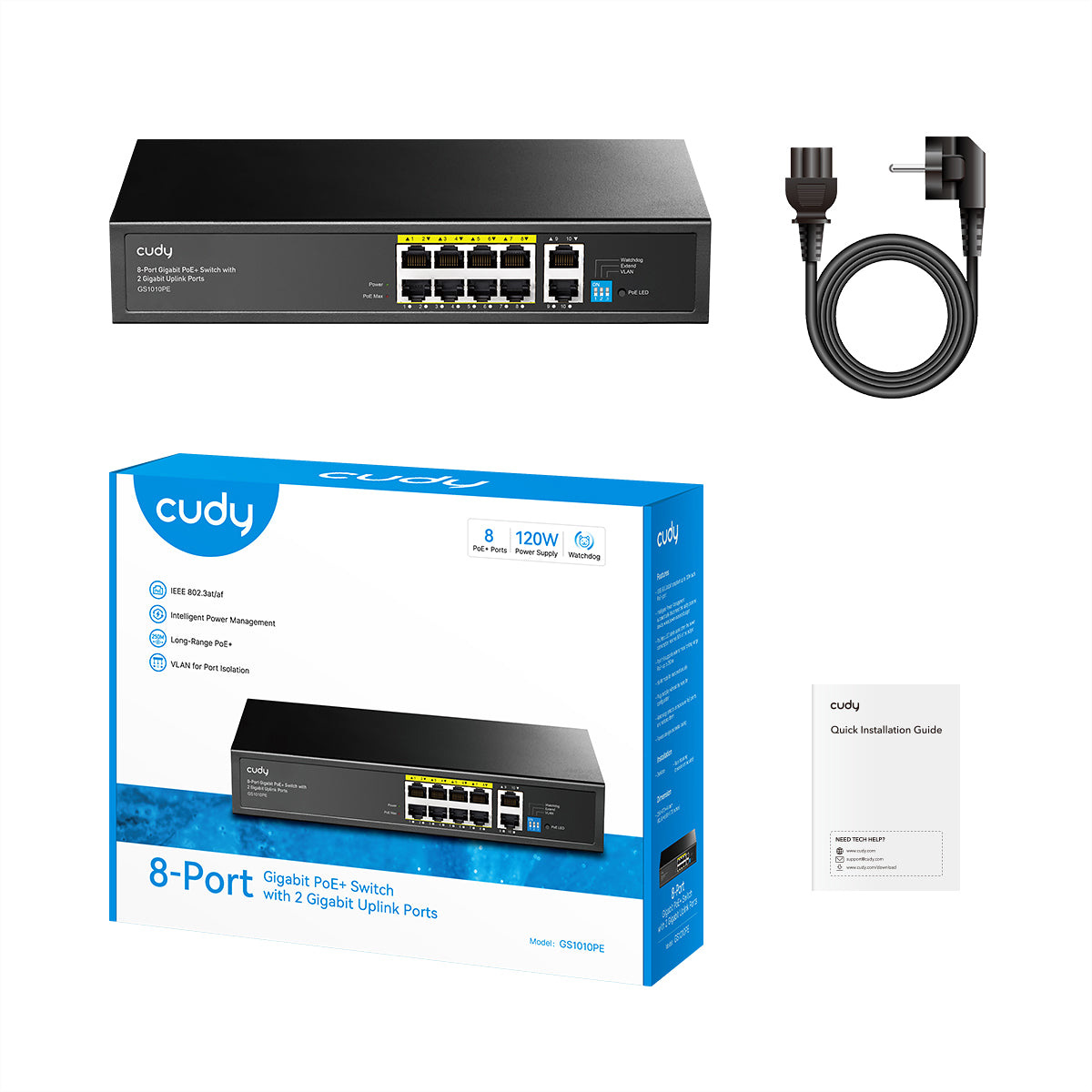 CUDY GS1010PE 8-Port Gigabit PoE+ Switch 2 Gigabit Uplink Ports 120W