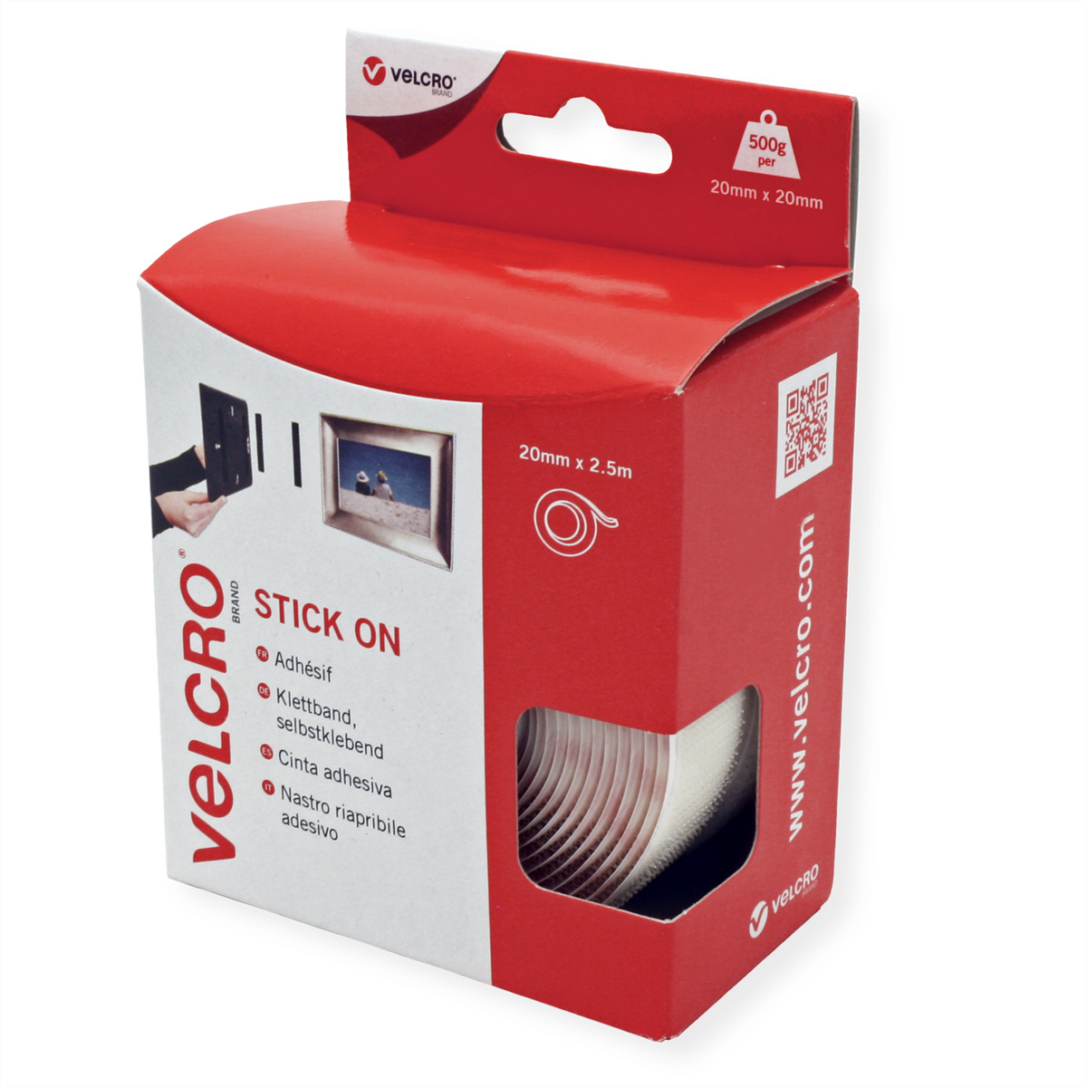 VELCRO® Klettband Selbstklebend, Haken &amp, Flausch 20mm x 2.5m Weiß