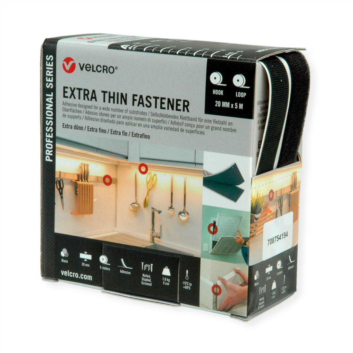 VELCRO® Extra Thin Fastener 5m Hakenband 5m Flauschband, Haken &, Flausch 20mm schwarz