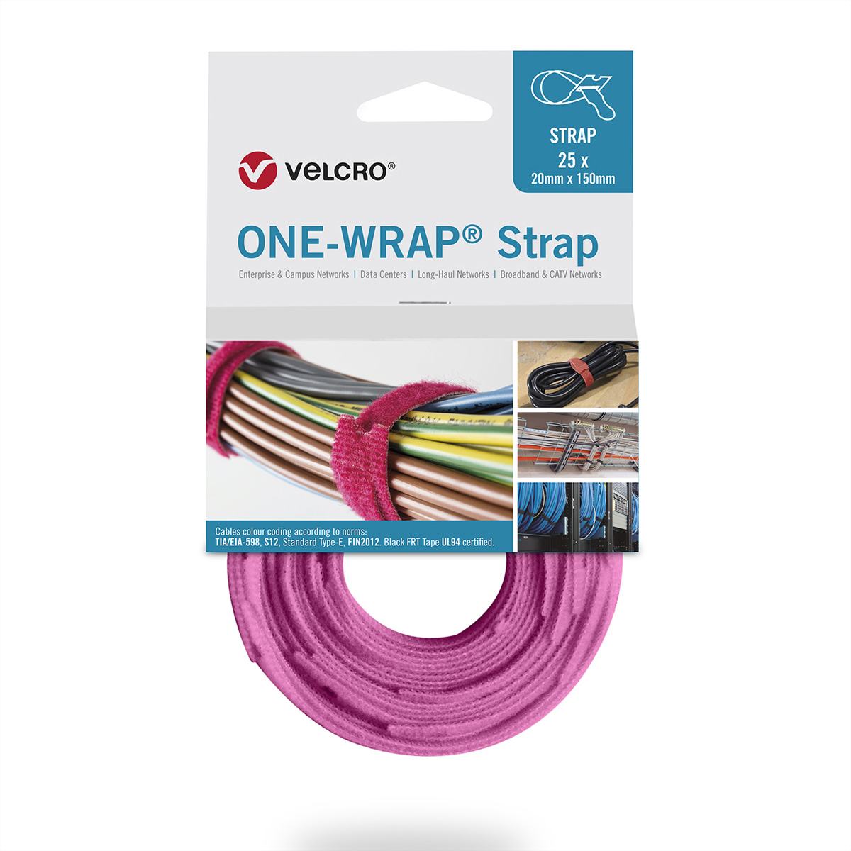 VELCRO® One Wrap® Strap 20mm x 200mm, 25 Stück, rosa Kennzeichnung und Befestigung