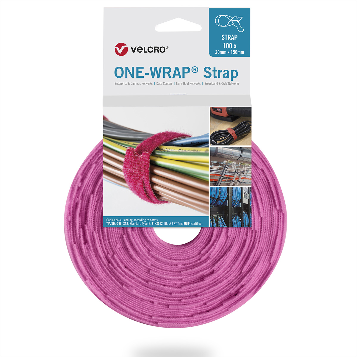 VELCRO® One Wrap® Strap 20mm x 200mm, 100 Stück, rosa Kennzeichnung und Befestigung