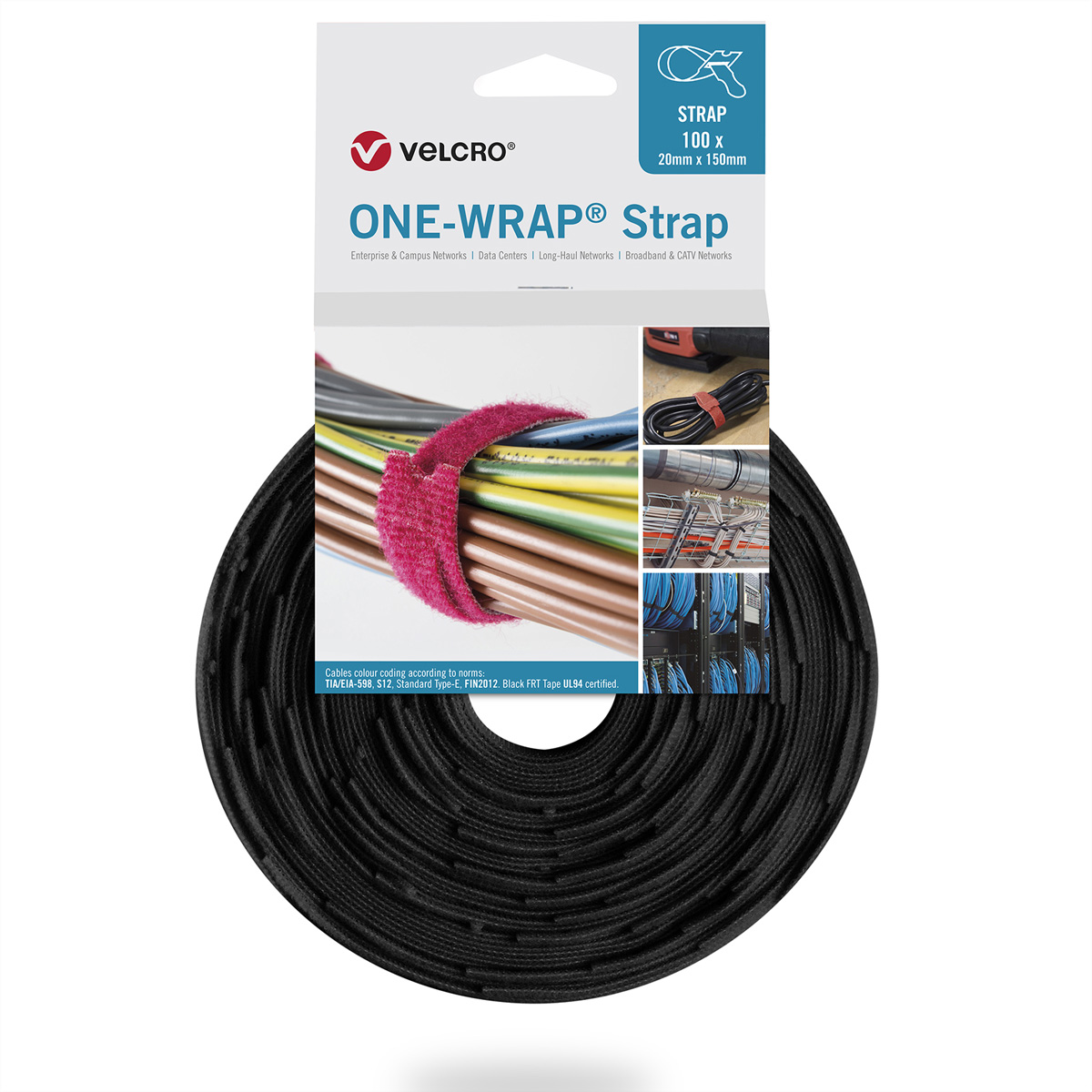 VELCRO® One Wrap® Strap 25mm x 300mm, 100 Stück, flammhemmend, schwarz Kennzeichnung und Befestigung