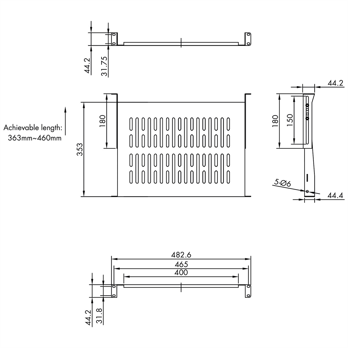 VALUE 19-Zoll-Geräteträger 1 HE, T: 350mm, max. 25 kg, U-Form, schwarz