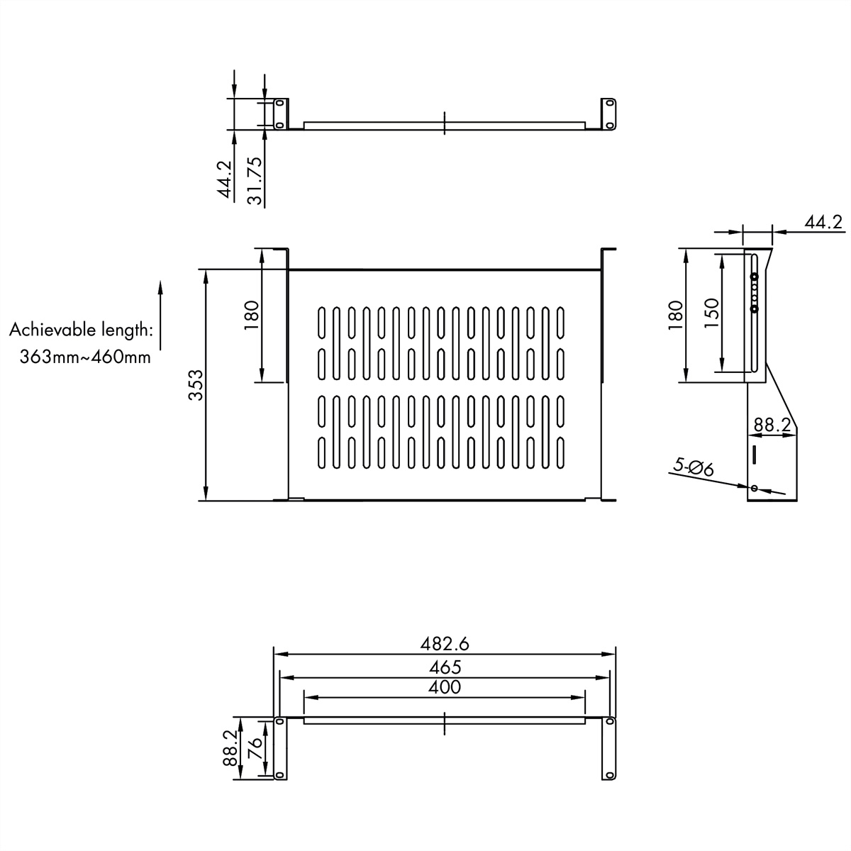 VALUE 19-Zoll-Geräteträger 2 HE, T: 350mm, max. 25 kg, U-Form, schwarz