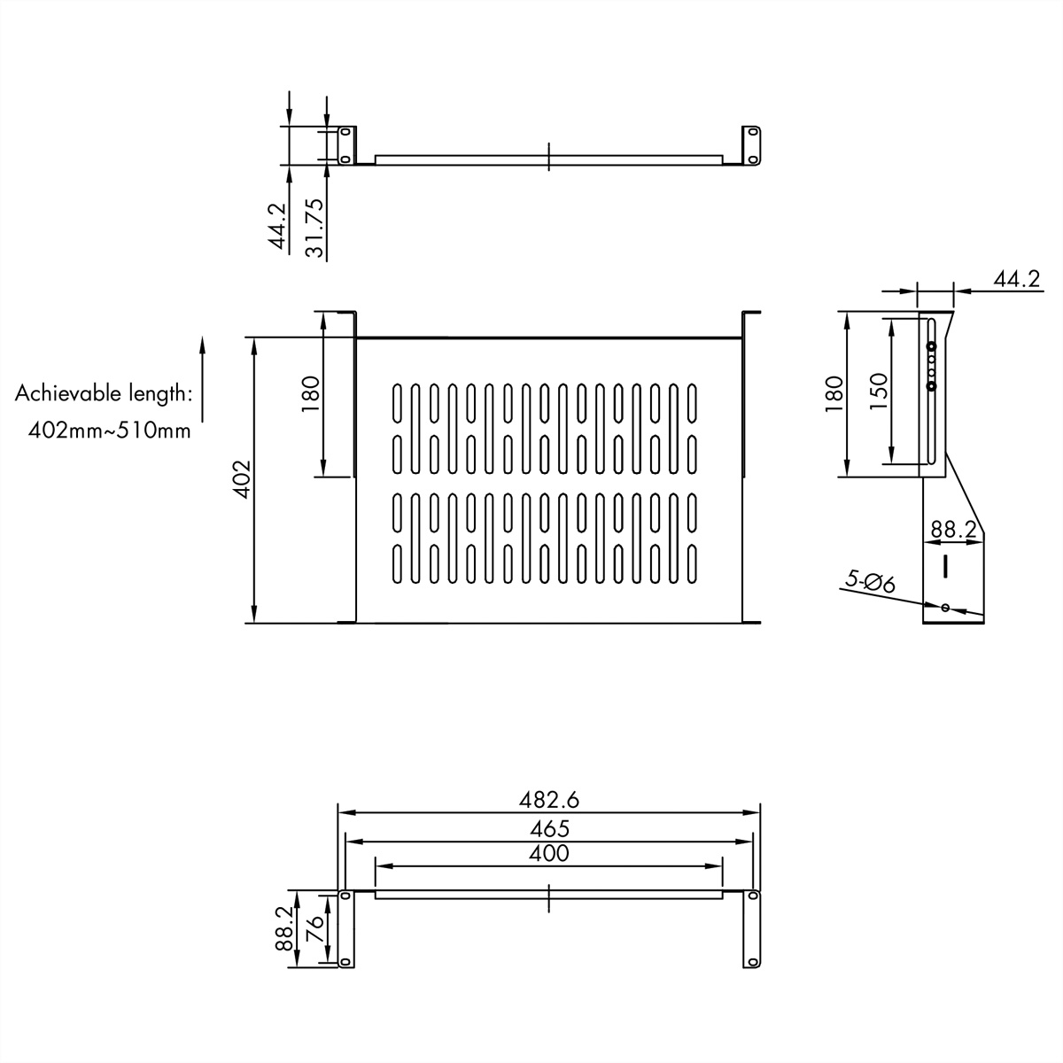VALUE 19-Zoll-Geräteträger 2 HE, T: 400mm, max. 25 kg, U-Form, schwarz