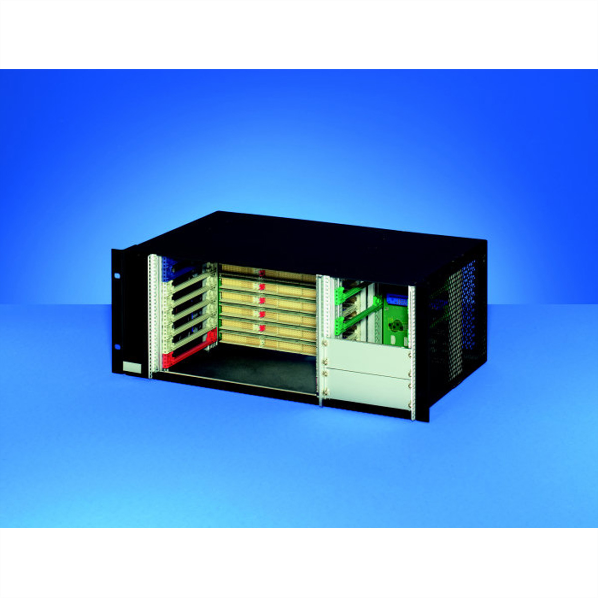 SCHROFF Einschubsystem mit 64 bit CompactPCI-, PSB-, H.110-Busplatine, 6HE horiz. eingebaut mit Rear I/O für 19